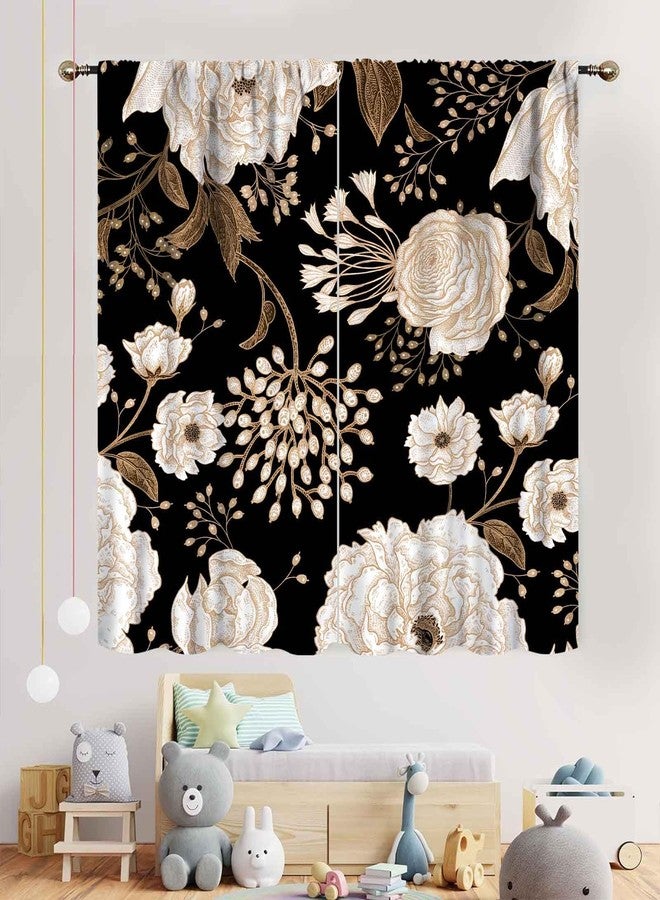 TKUYO Black Floral Curtains, Boho Vintage Black Gold Peony Rose Gothic Spring Flower Blossom Art Printed Aesthetic Retro Country Window Drapes for Kitchen Bedroom Living Room Bathroom 2 Panels, 84"x63" Inch - Image 3